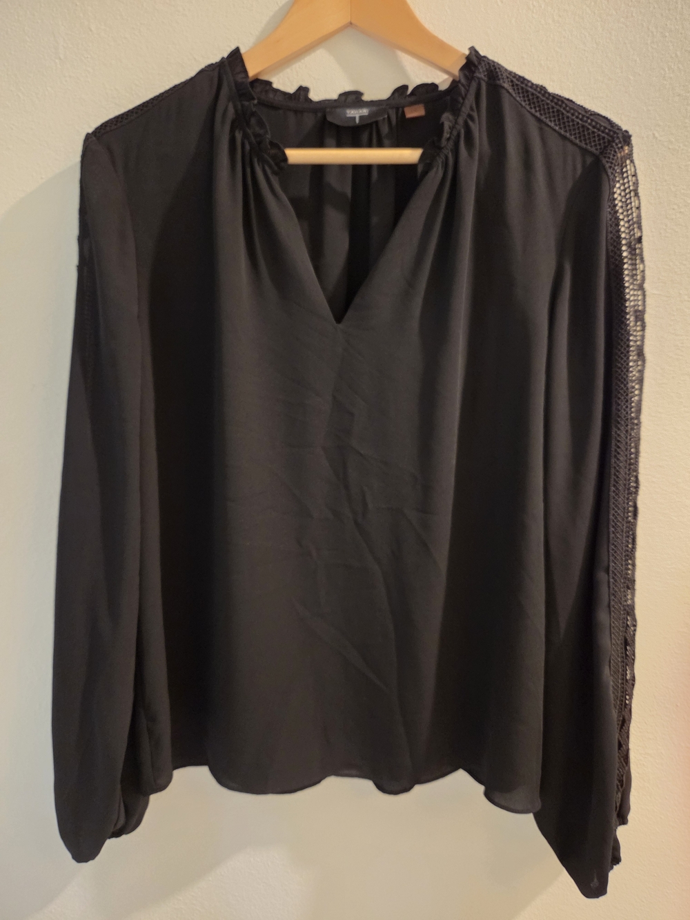 Tahari Darling Black Long-Sleeve V-Neck Blouse with Crochet Trim Along Sleeves